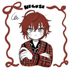  1boy antenna_hair blush_stickers border bow choppy_bangs cropped_torso crossed_arms deformed dot_nose fingernails frown hair_between_eyes highres inset_border looking_at_viewer male_focus messy_hair pajamas partially_colored plaid_clothes plaid_robe raised_inner_eyebrows red_border red_bow red_hair red_robe riddle_rosehearts riddle_rosehearts_(cozy_loungewear) robe romaji_text screentones short_hair simple_background solo squiggle straight-on tbr_osabu translated twisted_wonderland upper_body white_background 