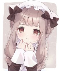 1girl black_bow blush bow braid brown_eyes closed_mouth commentary_request frilled_headwear grey_background grey_hair highres long_hair looking_at_viewer magical_girl mahou_shoujo_ikusei_keikaku mahou_shoujo_ikusei_keikaku_restart maid mi_(unjour) nokko-chan smile 