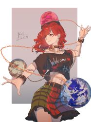  1girl belt black_belt black_shirt chain clothes_writing commentary dated earth_(ornament) english_text gold_chain green_skirt heart heart_print hecatia_lapislazuli highres midriff_peek moon_(ornament) multicolored_skirt navel off-shoulder_shirt off_shoulder purple_skirt red_eyes red_hair red_skirt renkxia shirt short_sleeves signature skirt solo touhou underworld_(ornament) 