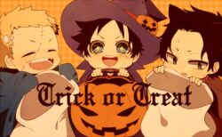  3boys ^_^ aged_down black_hair blonde_hair blush child closed_eyes commentary_request freckles halloween_bucket hat komomo1214 male_focus missing_tooth monkey_d._luffy multiple_boys one_piece portgas_d._ace pumpkin sabo_(one_piece) scar scar_on_face short_hair trick_or_treat witch_hat 