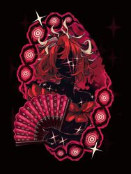  1girl absurdres black_background black_skin colored_sclera colored_skin disembodied_eye distortion_(project_moon) evil_smile facing_viewer flourrin folding_fan hand_fan highres holding holding_fan jeanne_(project_moon) limbus_company no_eyes project_moon red_hair red_sclera short_hair simple_background smile solo sparkle spoilers too_many_eyes 