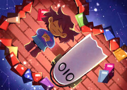  2others absurdres androgynous blue_shorts blue_sweater book boots brown_boots brown_hair closed_eyes closed_mouth colored_skin commentary_request frisk_(undertale) headphones highres long_sleeves lying multiple_others napstablook on_back short_hair shorts sweater undertale utdr_(toby_fox) watawata22 yellow_skin 