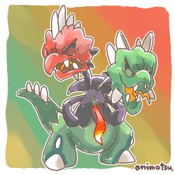  bell_pepper border commentary_request green_bell_pepper mega_pokemon mega_scovillain multiple_heads no_humans onimotsu_matarou pokemon pokemon_(creature) pokemon_focus red_bell_pepper red_pepper scovillain standing tail teeth white_border 