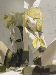  1boy 1girl aqua_eyes arm_support back-to-back belt black_leg_warmers black_sailor_collar black_shorts black_sleeves blonde_hair bow breasts brother_and_sister detached_sleeves hair_bow hair_ornament hairclip headphones highres kagamine_len kagamine_rin knee_up leg_warmers looking_at_another mirror neckerchief open_mouth parallel_hairclips phyordi_9y9 ponytail reflection sailor_collar shirt shoes short_hair short_ponytail shorts siblings sitting sleeveless sleeveless_shirt small_breasts treble_clef vocaloid white_bow white_shirt white_shoes yellow_belt yellow_nails yellow_neckerchief yellow_trim 