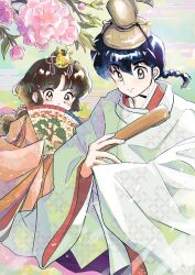  1boy 1girl black_hair braid branch cherry_blossoms commentary_request couple folded_fan folding_fan hair_ornament hand_fan hat highres holding holding_fan japanese_clothes kimono kodanukima4624 long_hair paper_fan ranma_1/2 red_kimono saotome_ranma saotome_ranma_(male) tate_eboshi tendou_akane 