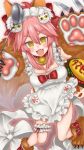  1girl @_@ animal_ears apron bell bell_collar blush_stickers breasts cleavage collar fangs fate/grand_order fate_(series) fox_ears fox_tail hair_ribbon highres large_breasts long_hair looking_at_viewer naked_apron open_mouth paws pink_hair raichi-ringo ribbon solo tail tamamo_(fate)_(all) tamamo_cat_(fate) yellow_eyes 
