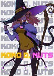  1girl absurdres animal_ears blonde_hair cyborg dark-skinned_female dark_skin dress glasses gradient_hair grin hat highres indie_virtual_youtuber koko_d._nuts looking_at_viewer mage_staff mechanical_arms monkey_ears monkey_girl monkey_tail multicolored_hair pink_eyes pink_hair scar scar_across_eye scar_on_face single_mechanical_arm smile solo staff tail thighs twintails virtual_youtuber witch witch_hat xarakura_xara yellow_dress 