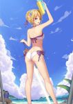 1girl artoria_pendragon_(swimsuit_archer)_(fate) ass beach blonde_hair braid clouds day fate/stay_night fate_(series) from_behind green_eyes hair_bun langya_beike looking_at_viewer outdoors saber solo water_gun 