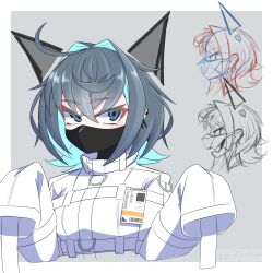  1girl ahoge aqua_eyes aqua_hair black_hair colored_inner_hair commentary_request earrings grey_background hair_intakes highres id_card jacket jewelry looking_at_viewer mask menou_74 mouth_mask multicolored_hair original ringed_eyes short_hair sketch_inset sleeves_past_fingers sleeves_past_wrists straitjacket two-tone_hair variant_set white_jacket 