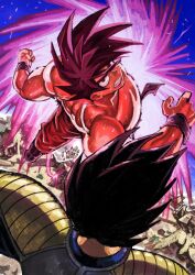  2boys aura belt black_eyes black_hair blue_belt blue_bodysuit blue_boots blue_wrist_cuffs bodysuit boots clenched_hand clenched_teeth dougi dragon_ball dragon_ball_z dynamic_pose fighting flying from_behind highres kaiouken male_focus matsubara_toshi multiple_boys muscular muscular_male nature orange_dougi orange_pants outdoors pants pectorals saiyan saiyan_armor short_hair son_goku spiky_hair teeth topless_male vegeta wrist_cuffs 