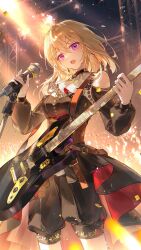  1girl absurdres amukeer ascot bang_dream! bang_dream!_it's_mygo!!!!! black_shirt black_shorts blonde_hair brooch buttons commentary concert confetti cowboy_shot crowd doloris_(bang_dream!) guitar hair_between_eyes highres holding holding_instrument holding_microphone instrument jewelry light_particles long_hair microphone microphone_stand misumi_uika open_mouth shirt shorts showgirl_skirt solo untranslatable_commentary violet_eyes white_ascot 
