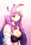  1girl animal_ears bare_shoulders black_bra bow bowtie bra breasts cleavage closed_mouth from_side highres lace lace-trimmed_bra large_breasts long_hair looking_at_viewer looking_to_the_side mayonaka_taruho off_shoulder open_clothes open_shirt purple_hair rabbit_ears red_eyes reisen_udongein_inaba shirt solo striped striped_bow striped_bowtie touhou underwear upper_body very_long_hair white_shirt 