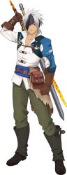  1boy alphen_(ocean_blue_battle_garb)_(tales) alphen_(tales) arm_up artist_request belt belt_bag black_boots blue_eyes boots broken_mask brown_belt brown_gloves clenched_hand closed_mouth collarbone commentary dark-skinned_male dark_skin fire flaming_sword flaming_weapon full_body game_asset gloves green_pants half_mask hand_up highres holding holding_behind_back holding_sword holding_sword_behind_back holding_weapon holding_weapon_behind_back leather leather_gloves long_sleeves looking_at_viewer male_focus mask official_alternate_costume official_art one_eye_covered pants parted_bangs shirt short_hair simple_background solo spiky_hair standing sword sword_on_back tales_of_(series) tales_of_arise tales_of_asteria third-party_source transparent_background weapon weapon_on_back white_hair white_shirt 
