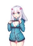  1girl absurdres bangs blue_eyes blush bow breasts cleavage drawing_tablet eromanga_sensei eyebrows_visible_through_hair fingernails hair_between_eyes hair_bow hands_up highres hood hood_down hooded_jacket izumi_sagiri jacket lavender_hair legs_together lips long_hair long_sleeves looking_at_viewer medium_breasts open_mouth panties pantyshot pantyshot_(standing) pink_bow pink_lips sidelocks simple_background solo standing teeth underwear upper_teeth white_background white_panties yuwan_2333 