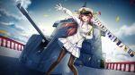  1girl :d alcohol backlighting brown_hair bulkheads champagne clouds confetti contemporary dutch_angle gloves hair_bun hat kantai_collection kongou_(jmsdf) kongou_(kantai_collection) looking_to_the_side meaomao military military_uniform military_vehicle naval_uniform open_mouth outstretched_arm pantyhose pleated_skirt ship skirt sky smile solo turret uniform violet_eyes warship watercraft 