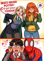  2boys 2girls absurdres black_hair blonde_hair blush closed_mouth crossover genderswap genderswap_(mtf) glasses green_eyes green_jacket gryffindor harry_potter harry_potter_(series) heart highres jacket jean_grey malfoid marvel multiple_boys multiple_girls neggoartz open_mouth red_hair slytherin smug spider-man spider-man:_brand_new_day spider-man_(original_suit) spider-man_(series) wizarding_world x-men 