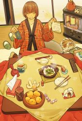  1girl akeome beer_can bowl_cut can candy chinese_zodiac chopstick_rest chopsticks commentary_request controller drink_can food fruit haori happy_new_year heater highres hotpot indoors japanese_clothes kettle kotatsu mandarin_orange matsumine_(twin-mix) nabe new_year original remote_control shouji sliding_doors slippers snake soup_ladle steam steaming_cup sweater tabby_cat table tea teapot tissue_box turtleneck turtleneck_sweater year_of_the_snake 