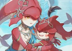  1boy 1girl :d agisato brother_and_sister cetacean_tail child closed_eyes colored_skin commentary_request fins fish_boy fish_girl fish_tail head_tail highres hug hyrule_warriors:_age_of_calamity mipha red_skin sharp_teeth siblings sidon smile tail teeth the_legend_of_zelda the_legend_of_zelda:_breath_of_the_wild upper_body yellow_eyes zora 