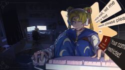 1girl abrams_(deadlock) absurdres among_us at_computer bishoujo_senshi_sailor_moon blonde_hair blue_eyes blue_pants box bulletin_board cardboard_box chair character_request chat_log chiikawa chiikawa_(character) choker circlet clock commentary computer_keyboard computer_mouse copyright_request crewmate_(among_us) curtains dark deadlock_(game) dezalzer digital_clock discord english_commentary english_text figure fingernails half-closed_eyes hatsune_miku headphones highres indoors knees_to_chest knees_up kuromi league_of_legends marvel marvel_rivals monitor moon_print multiple_monitors multiple_views night office_chair one-punch_man pants parody playing_games pompompurin poster_(object) red_choker sailor_moon sanrio shelf sitting sleepy star_(symbol) stuffed_toy swivel_chair the_doorman_(deadlock) tissue_box tung_tung_tung_sahur twintails vocaloid wall_shelf 