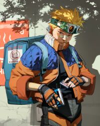  1boy absurdres backpack bag bandaid bandaid_on_face bandaid_on_nose behind-the-head_headphones black_gloves blonde_hair blue_bag blue_eyes blue_jacket cassette_player cassette_tape cowboy_shot delivery facial_mark fingerless_gloves food gloves goggles goggles_on_head headphones highres holding_cassette holding_cassette_player jacket male_focus multicolored_jacket naruto_(series) naykeed noodles open_clothes open_jacket orange_jacket orange_pants pants ramen short_hair solo two-tone_jacket uzumaki_naruto whisker_markings 