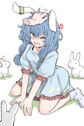  1girl 1other absurdres anger_vein animal_ears blue_dress blue_hair blush breasts commentary_request crescent_print disembodied_hand dress earclip fe_(tetsu) floppy_ears frilled_dress frilled_sleeves frills full_body hair_between_eyes headpat highres kneeling long_hair looking_at_viewer low_twintails moon_print motion_lines nose_blush one_eye_closed open_mouth puffy_short_sleeves puffy_sleeves rabbit rabbit_ears rabbit_girl red_eyes seiran_(touhou) short_sleeves simple_background small_breasts socks solo_focus split_mouth star_(symbol) star_print strap sweatdrop touhou twintails white_background white_socks 