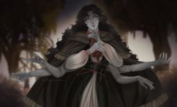  1girl belt black_belt black_cape black_dress black_hair cape closed_mouth commentary commission cowboy_shot cracked_skin curtained_hair doll_joints dress extra_arms highres ianthe_(flibee) joints layered_dress long_hair long_sleeves looking_at_viewer lunamoonaaa nose original outdoors parted_bangs red_scarf scarf solo tree twitter_username vgen_commission wavy_hair white_dress white_eyes 