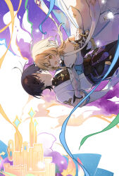  1boy 1girl animal_print arm_cutout belt bird_print black_belt black_bodysuit black_bow black_corset black_gloves black_hair black_shorts blonde_hair blue_feathers blue_kimono blue_ribbon blue_trim blunt_ends blush bodysuit bow breast_press breasts castle closed_mouth clothing_cutout clouds cloudy_sky colored_eyelashes commentary_request corset couple covered_collarbone cross-laced_clothes cross-laced_corset detached_sleeves dress falling feather_hair_ornament feathers fingernails foreshortening furisode genshin_impact gloves gradient_feathers green_ribbon hair_ornament hand_on_another's_hip hetero highres holding_hands japanese_clothes juban kimono kusa_013yyds large_bow looking_at_viewer looking_back lumine_(genshin_impact) mandarin_collar medium_breasts medium_dress multicolored_feathers open_clothes open_kimono open_mouth outdoors partially_fingerless_gloves purple_rope purple_sash purple_sky ribbon rope sash scaramouche_(genshin_impact) scarf shooting_star short_hair short_hair_with_long_locks short_sleeves shorts shoulder_blades sideboob sidelocks sky smile tassel tsurime vambraces violet_eyes wanderer_(genshin_impact) white_dress white_feathers white_kimono white_scarf white_sleeves white_trim wispy_bangs wolf_cut yellow_eyes yellow_ribbon 