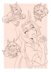  4girls :d ;d =_= absurdres ahoge animal_ears closed_eyes closed_mouth dango doughnut enonko fang food fox_mask hair_between_eyes hairband highres holding holding_food horse_ears horse_girl horse_tail inari_one_(umamusume) long_hair mask mask_on_head monochrome multiple_girls oguri_cap_(umamusume) one_eye_closed pleated_skirt puffy_short_sleeves puffy_sleeves school_uniform shirt short_sleeves skirt smile star_(symbol) super_creek_(umamusume) tail tamamo_cross_(umamusume) thigh-highs tracen_school_uniform twintails umamusume very_long_hair wagashi 