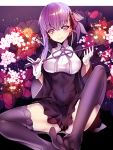  1girl bangs bb_(fate/extra_ccc) black_dress black_legwear breasts bustier dress fate/extra fate/extra_ccc fate_(series) floral_background flower full_body gloves hair_between_eyes hair_flower hair_ornament hair_ribbon light_smile long_hair looking_at_viewer medium_breasts purple_hair ribbon riding_crop short_dress silly_(marinkomoe) sitting smile thighs very_long_hair violet_eyes white_gloves wide_sleeves 