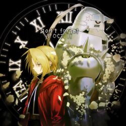  2boys ahoge alphonse_elric armor back-to-back belt black_background black_jacket black_pants blonde_hair braid brothers brown_belt clock closed_mouth coat commentary edward_elric falling_petals full_armor fullmetal_alchemist glowing glowing_eyes helm helmet highres hood hood_down hooded_coat horns jacket long_hair male_focus multiple_boys pants parted_bangs petals plate_armor plume red_coat shoulder_spikes siblings single_braid single_horn siwkgp spikes upper_body white_trim yellow_eyes yellow_petals 