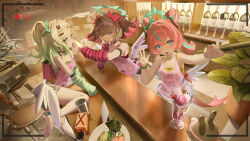  3girls absurdres angels_of_delusion aqua_streaks aria_(human)_(cuteness_loading)_(zenless_zone_zero) aria_(human)_(zenless_zone_zero) aria_(zenless_zone_zero) arm_warmers bag bare_shoulders black_hair bow candy chair character_print chinese_commentary choker commentary_request cup eous_(zenless_zone_zero) food from_above green_arm_warmers green_eyes green_hair green_leg_warmers hair_bow hair_ornament hairclip hand_on_own_cheek hand_on_own_face highres holding holding_candy holding_food holding_lollipop indoors leg_warmers lollipop looking_at_viewer multicolored_hair multiple_girls nangong_yu nangong_yu_(heartfelt_support) noodles official_alternate_costume one_eye_closed open_mouth parfait pink_arm_warmers pink_bag pink_hair pink_nails pink_shirt pink_tank_top radio ramen recording red_arm_warmers red_eyes self_character_print selfie selfie_stick shirt shorts siyuetingfengyu smile streaked_hair striped_arm_warmers sunna_(delusions_in_business)_(zenless_zone_zero) sunna_(zenless_zone_zero) tank_top twintails upper_body viewfinder w white_wings wings zenless_zone_zero 