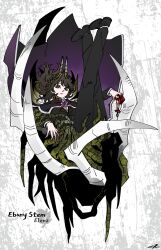  1girl apple apple_core black_cape black_pants black_shoes blood brooch brown_eyes brown_hair cape commentary_request e.g.o_(project_moon) ebony_queen's_apple ebony_stem_(e.g.o) elena_(project_moon) food force_(4sk_force) fruit gem highres holding holding_food holding_fruit horns jewelry korean_commentary legs_up library_of_ruina limbus_company pants plant project_moon purple_cape purple_gem shoes silver_trim solo vines white_horns 