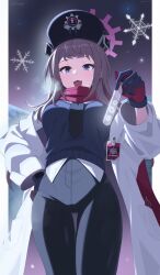  1girl absurdres black_necktie black_pants blue_archive blue_sweater_vest border breasts brown_hair coat_partially_removed commentary_request cowboy_shot erina_(blue_archive) fang fur_hat gloves grey_hair halo hand_on_own_hip hat highres hitempo holding holding_test_tube holding_vial id_card lab_coat large_breasts long_hair multiple_girls necktie open_mouth outside_border pants papakha pillarboxed purple_halo red_scarf scarf shirt snowflakes solo sweater_vest test_tube thigh_gap vial violet_eyes white_border white_shirt 