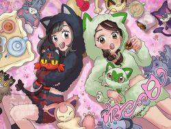  2girls absurdres alolan_persian alternate_costume animal_hood black_hair black_hoodie braid brown_eyes brown_hair cat character_doll colored_sclera commentary_request cookie cropped_hoodie doll espurr fang food galarian_meowth gigantamax_meowth glameow green_hoodie green_shorts grey_eyes highres hood hood_up hoodie juliana_(pokemon) litten looking_at_viewer lying meowth multiple_girls on_back open_mouth pink_background pink_eyes pokemon pokemon_scarlet_and_violet pokemon_sun_and_moon purrloin red_eyes red_shorts sandora_(karugamo_no_e) selene_(pokemon) short_hair shorts simple_background skitty sprigatito tea upper_body violet_eyes yellow_sclera 