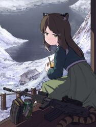  1girl absurdres animal_ear_fluff animal_ears assault_rifle bowl brown_hair building can chopsticks closed_mouth commentary_request daewoo_k2 day food green_eyes gun hanbok highres holding holding_bowl korean_clothes lake long_hair looking_at_viewer looking_to_the_side magazine_(weapon) mountain multicolored_hair noodles original outdoors ramen relkane rifle scope sitting snow solo tail tiger_ears tiger_girl tiger_tail two-tone_hair water weapon white_hair 
