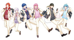  6+boys :d ;d ahoge antenna_hair bag bangs_pinned_back black_bag black_hair black_hoodie blazer blue_eyes blue_hair blue_hoodie blue_sweater_vest brown_shoes cardigan cellphone collared_shirt commentary_request cuff_links full_body hair_between_eyes hair_flaps hand_on_headphones headphones headphones_around_neck holding holding_headphones holding_phone hood hood_down hoodie hotoke_(ireisu) if_(ireisu) ireisu jacket jumping lapels lineup liura_(ireisu) loafers long_sleeves looking_at_viewer low_ponytail male_focus meij_(meij00) multiple_boys naiko_(ireisu) necktie no_shoes notched_lapels official_art one_eye_closed open_collar pants parted_lips phone pink_eyes pink_hair pink_sweater_vest ponytail purple_cardigan purple_hair rabbit red_eyes red_hair red_hoodie red_necktie school_bag school_uniform shirt sho_(ireisu) shoes short_hair simple_background sleeves_rolled_up smartphone smile sweater_vest swept_bangs untucked_shirt utaite violet_eyes white_background white_jacket white_pants white_shirt yusuke_(ireisu) 