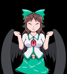  1girl :3 animated animated_gif bad_source black_wings blush bow breasts brown_hair cape chest_eye closed_eyes closed_mouth collared_shirt commentary cowboy_shot dancing english_commentary feathered_wings green_bow green_skirt hair_bow highres long_hair looping_animation medium_breasts navel puffy_short_sleeves puffy_sleeves reiuji_utsuho shirt short_sleeves simple_background skirt smile solo superchrim third_eye touhou transparent_background white_cape white_shirt wings 