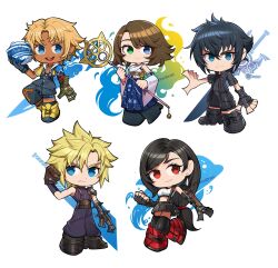  2girls 3boys absurdres baggy_pants ball bare_shoulders black_boots black_gloves black_hair black_jacket black_shirt black_skirt black_thighhighs blonde_hair blue_eyes boots breasts brown_hair buster_sword clenched_hand closed_mouth cloud_strife commentary crop_top deliciousbrain detached_sleeves dolphin earrings final_fantasy final_fantasy_vii final_fantasy_vii_remake final_fantasy_x final_fantasy_xv fingerless_gloves full_body gloves green_eyes hair_between_eyes heterochromia highres holding holding_ball holding_staff hood hood_down jacket jewelry long_hair looking_at_viewer medium_breasts medium_hair miniskirt multiple_boys multiple_girls noctis_lucis_caelum nontraditional_miko open_clothes open_jacket open_mouth pants red_boots red_eyes ribbed_sweater shirt short_hair short_sleeves shorts single_arm_guard skirt sleeveless sleeveless_turtleneck smile spiky_hair staff sweater tan tank_top teardrop_earrings thigh-highs tidus tifa_lockhart turtleneck turtleneck_sweater water white_tank_top yellow_jacket yuna_(ff10) zettai_ryouiki 