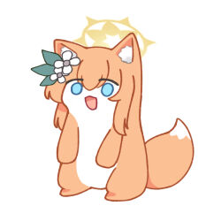  1girl :3 :d animal_ear_fluff animal_ears animification apricotlemontea blue_archive blue_eyes cat_ears commentary_request flower fluffy_tail full_body hair_between_eyes halo mari_(blue_archive) open_mouth ponta_itachi sidelocks simple_background smile solo tail white_background white_flower yellow_halo 