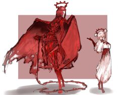   1girl absurdres alternate_costume bare_arms bare_hips bare_legs bare_shoulders barefoot blood blood_halo breasts closed_eyes colored_extremities commentary completely_nude cosplay covered_eyes crying demon_horns dress english_commentary faust_(project_moon) halo highres horns large_breasts limbus_company liquid_halo nhninh0 nude open_mouth placenta project_moon pwie_(project_moon) red_background red_halo red_hands red_wings simple_background spoilers two-tone_background veil whip white_background white_dress white_hair wings