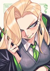  absurdres black_cloak blonde_hair blue_eyes cloak earrings gofa green_cloak green_lips green_necktie grey_sweater harry_potter_(series) highres hogwarts_school_uniform holding holding_wand hoop_earrings jewelry malfoid necktie school_uniform shirt slytherin smug sweater wand white_shirt wizarding_world 