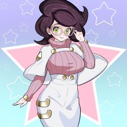 1girl adjusting_eyewear big_hair breasts capelet commentary english_commentary glasses green_eyes hand_up high-waist_skirt highres large_breasts long_sleeves mature_female medium_skirt peachy_purr pencil_skirt pink-framed_eyewear pink_sweater pokemon pokemon_sun_and_moon purple_hair ribbed_sweater short_hair skirt smile solo star_(symbol) sweater turtleneck turtleneck_sweater white_capelet white_skirt wicke_(pokemon) 