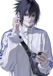  1boy adidas alternate_costume bag black_bag black_eyes black_hair cellphone charm_(object) contemporary dango ear_piercing earphones earrings fanny_pack food hair_between_eyes highres holding holding_phone jacket jewelry long_sleeves looking_to_the_side male_focus mask mask_pull mikzer mole mole_under_eye mouth_mask naruto_(series) naruto_shippuuden phone piercing ring sanshoku_dango short_hair sideways_glance simple_background solo track_jacket uchiha_sasuke upper_body vertical-striped_sleeves wagashi white_background zipper 