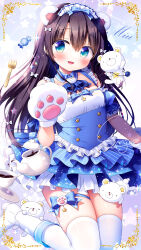  1girl :d animal animal_ears animal_hands bear bear_ears black_hair blue_bow blue_dress blush boots bow breasts candy_wrapper coffee coffee_pot commentary_request cup dated dress fork gloves green_eyes hair_between_eyes highres long_hair maid original paw_gloves sasai_saji saucer signature skindentation small_breasts smile solo star_(symbol) thigh-highs thighhighs_under_boots very_long_hair white_boots white_gloves white_thighhighs 