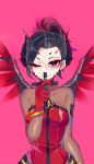  1girl ahoge alternate_breast_size alternate_costume black_hair bodysuit breasts cross dark_persona demon_horns devil_mercy emblem eyebrows_visible_through_hair facial_mark forehead_mark gloves high_ponytail highres holding horns huasha large_breasts looking_at_viewer mechanical_wings mercy_(overwatch) one_eye_closed overwatch patch pink_background red_eyes red_gloves red_wings shiny shiny_clothes sketch slit_pupils smile solo spread_wings upper_body wings 