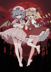  2girls ascot barefoot bat_wings blonde_hair blue_hair bow brooch clipse closed_mouth collared_shirt commentary crossed_arms crystal crystal_wings fangs fangs_out flandre_scarlet frilled_shirt_collar frills full_body full_moon hat hat_ribbon highres jewelry looking_at_viewer mob_cap moon multicolored_wings multiple_girls nail_polish night one_side_up open_mouth outdoors pink_hat pink_shirt pink_skirt pointy_ears red_ascot red_bow red_eyes red_moon red_nails red_skirt red_sky red_vest remilia_scarlet ribbon shirt siblings sisters skirt skirt_set sky sleeve_bow smile soles toenail_polish toenails toes touhou vest white_hat white_shirt wings yellow_ascot 