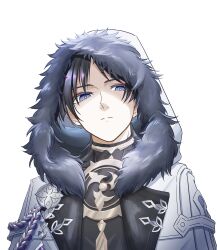  1boy aiguillette black_bodysuit black_hair blue_pupils blunt_ends bodysuit closed_mouth coat colored_inner_hair commentary_request covered_collarbone expressionless eyeliner fatui_coat fatui_logo fur-trimmed_hood fur_trim genshin_impact gold grey_hair highres hood hood_up hooded_coat jewelry lapels leu_135 looking_at_viewer makeup male_focus mitsudomoe_(shape) multicolored_hair neck_ring open_clothes open_coat parted_bangs portrait purple_rope red_eyeliner rope scaramouche_(genshin_impact) scaramouche_(harbinger)_(genshin_impact) shimenawa solo split_mouth tomoe_(symbol) tsurime violet_eyes white_background white_coat white_hood white_rope wispy_bangs wolf_cut 