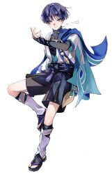  1boy armor belt black_belt black_bodysuit black_bow black_bridal_gauntlets black_hair black_sandals black_shorts blue_cape blue_kimono blue_sleeves blunt_ends bodysuit bow bridal_gauntlets cape closed_mouth commentary_request expressionless feathers full_body furisode genshin_impact gold_ring hair_intakes hakama hakama_shorts hand_up highres japanese_armor japanese_clothes juban kimono kote kurokote layered_sleeves leg_warmers looking_at_viewer male_focus middle_ring niki07s open_clothes open_hand open_kimono pleated_shorts pom_pom_(clothes) purple_rope rope sandals scaramouche_(genshin_impact) short_sleeves shorts shoulder_peek side_cape signature solo stirrup_legwear tassel toeless_legwear tsurime turtleneck turtleneck_bodysuit violet_eyes wanderer_(genshin_impact) white_kimono white_leg_warmers white_sleeves wispy_bangs yellow_feathers zouri 