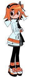  1girl a.i._voice adachi_rei black_hairband black_pantyhose closed_mouth crossed_arms double-parted_bangs full_body gloves grey_skirt hair_between_eyes hair_ornament hairband hairclip headlamp highres jacket long_sleeves one_side_up open_clothes open_jacket orange_eyes orange_hair pantyhose pleated_skirt shoes short_hair simple_background skirt solo standing unoskipdrawtwo utau white_background white_gloves white_jacket white_shoes 
