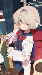  2girls absurdres artist_name backpack bag black_shirt black_skirt blonde_hair blue_archive book bow bowtie brown_halo coat coffee coffee_mug commentary computer_keyboard cup desk dress_shirt earmuffs erina_(blue_archive) flat_chest from_side glasses hair_intakes halo hasu202mm highres holding holding_removed_eyewear id_card indoors lab_coat looking_at_viewer looking_up mug multiple_girls oversized_coat pen pleated_skirt rana_(blue_archive) randoseru red_bag red_bow red_bowtie shirt short_hair sitting skirt sleeves_past_fingers sleeves_past_wrists solo_focus untranslatable_commentary unworn_eyewear white_coat yellow_eyes 
